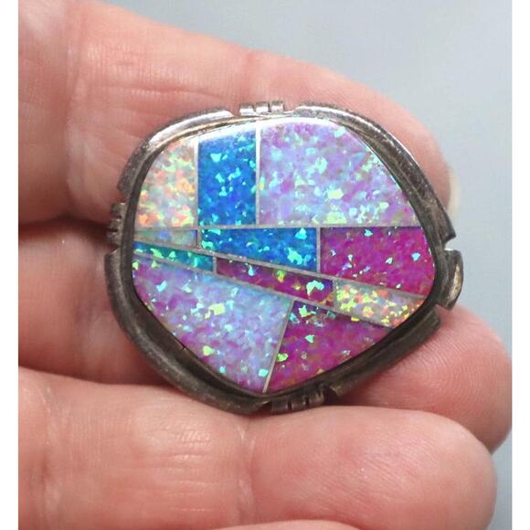 Vintage Native Opal Mosaic Sterling Brooch Marked FJC - Picture 2 of 4